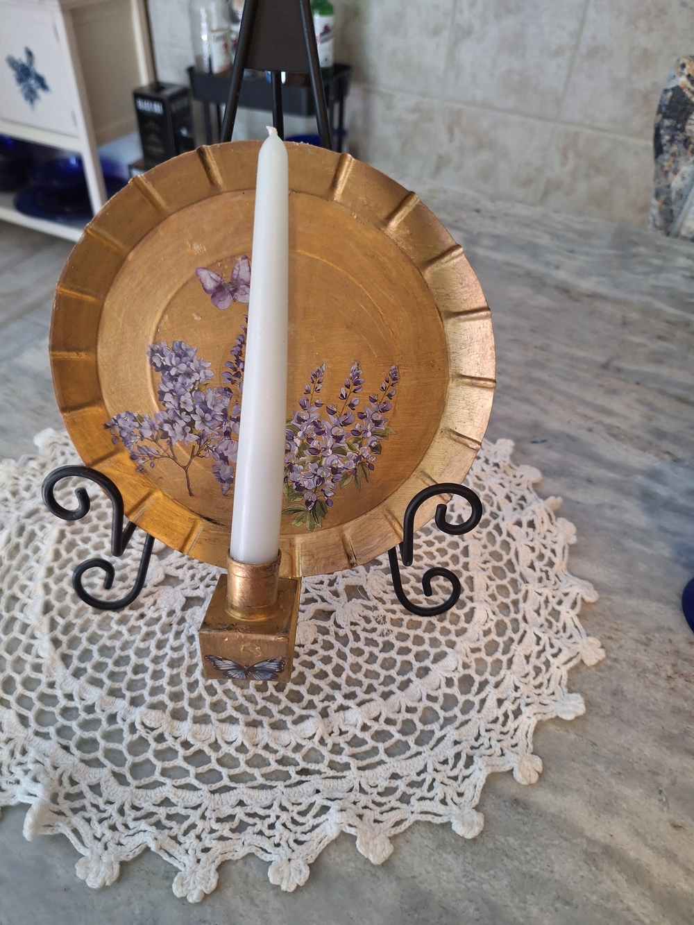 Gold Floral Decorative Plate Candle Holder with Lavender Accent